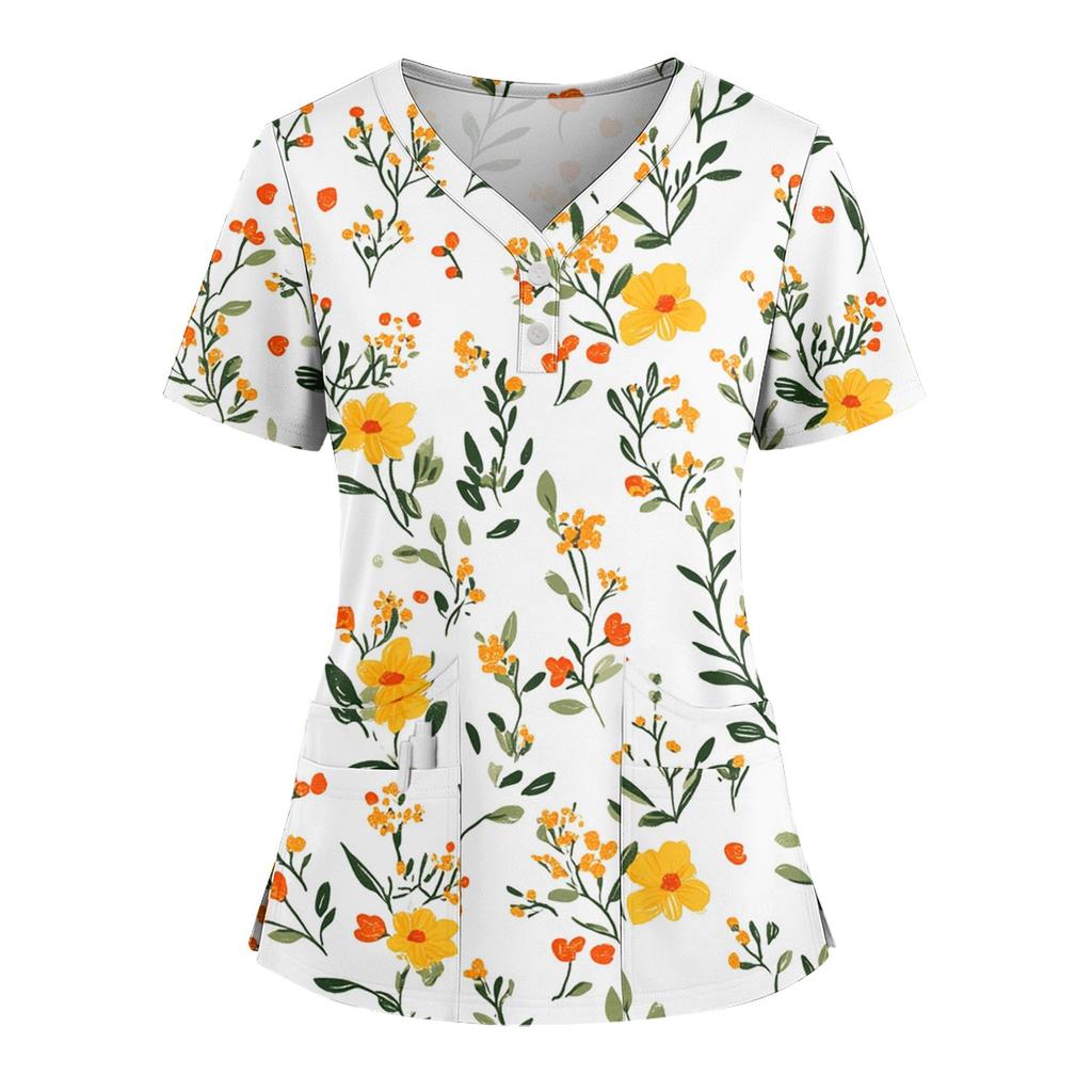 Women's Loose Short Sleeved Fashionable Flowers And Plants Printing V-neck Buttonable Side Slit Top T-shirt