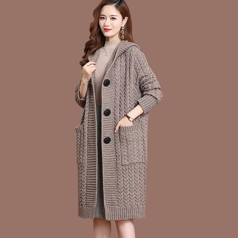 

Retro Twisted Knitted Cardigan for Women Large-sized Mid-length Sweater Coat Autumn and Winter Wear Knee-length Hooded Knitted Overcoat 2XL хаки