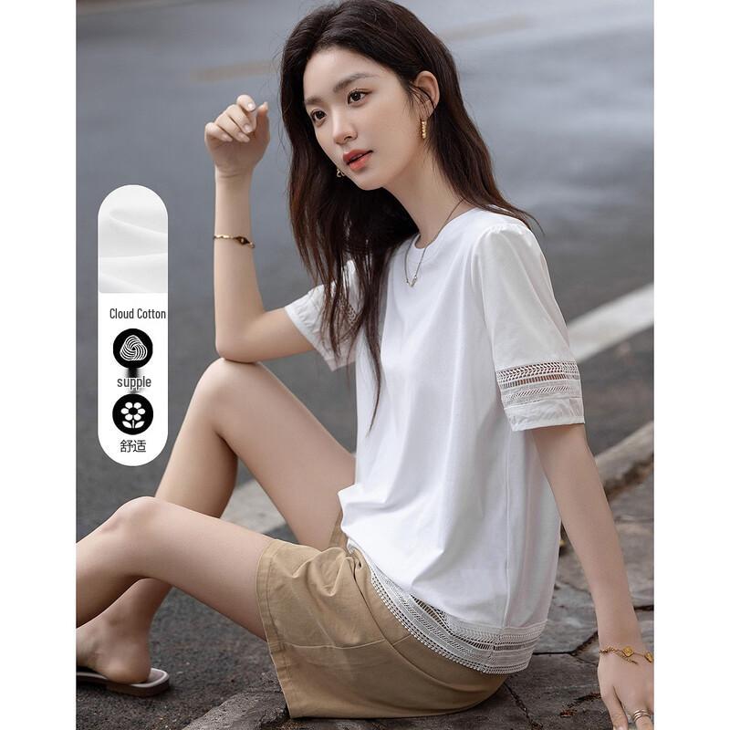 Demana Women s Puff Sleeve Lace Trim T-Shirt L