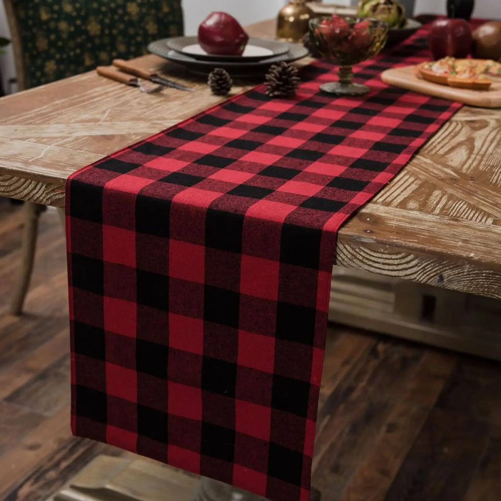 Christmas Table Runner,Red Black Grid Christmas Home Decoration For Festival Gifts Table Cover Runner