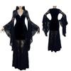 Women's Velvet V-Neck Sleeve Dress with Lace Trim, Dark Gothic for Halloween