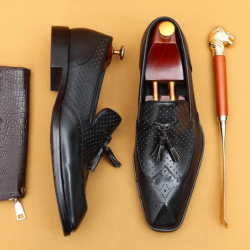 Tassel Loafers Casual Summer Leather Shoes Men'S Hollow Breathable Leather Business Dress Shoes