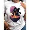 A Cat Lady Eating Ramen, Short-sleeved, Patterned Printed Round-neck T-shirt, Casual Short-sleeved T-shirt, Women's Clothing