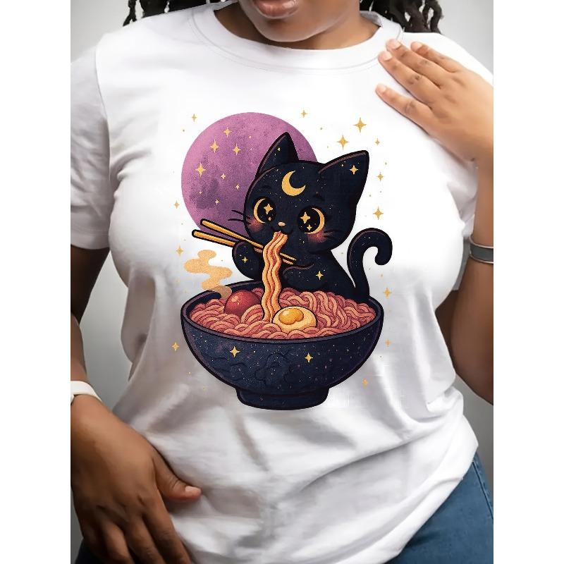 A Cat Lady Eating Ramen, Short-sleeved, Patterned Printed Round-neck T-shirt, Casual Short-sleeved T-shirt, Women s Clothing S белый