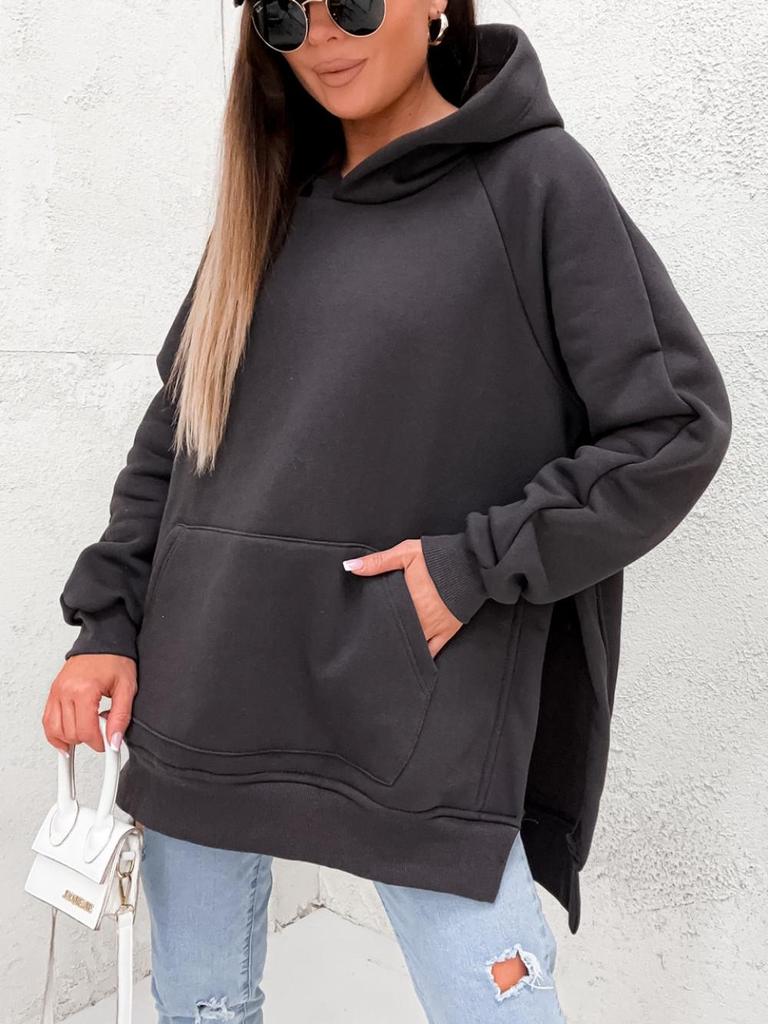 2024 Autumn/Winter Women's Solid Color Hooded Sweatshirt with Slit