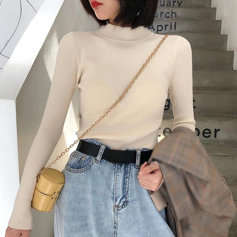Suéteres de manga larga de otoño para mujer, suéteres de punto de cuello medio alto, prendas de punto casuales para mujer, tops de color sólido, ropa de invierno ajustada 27972