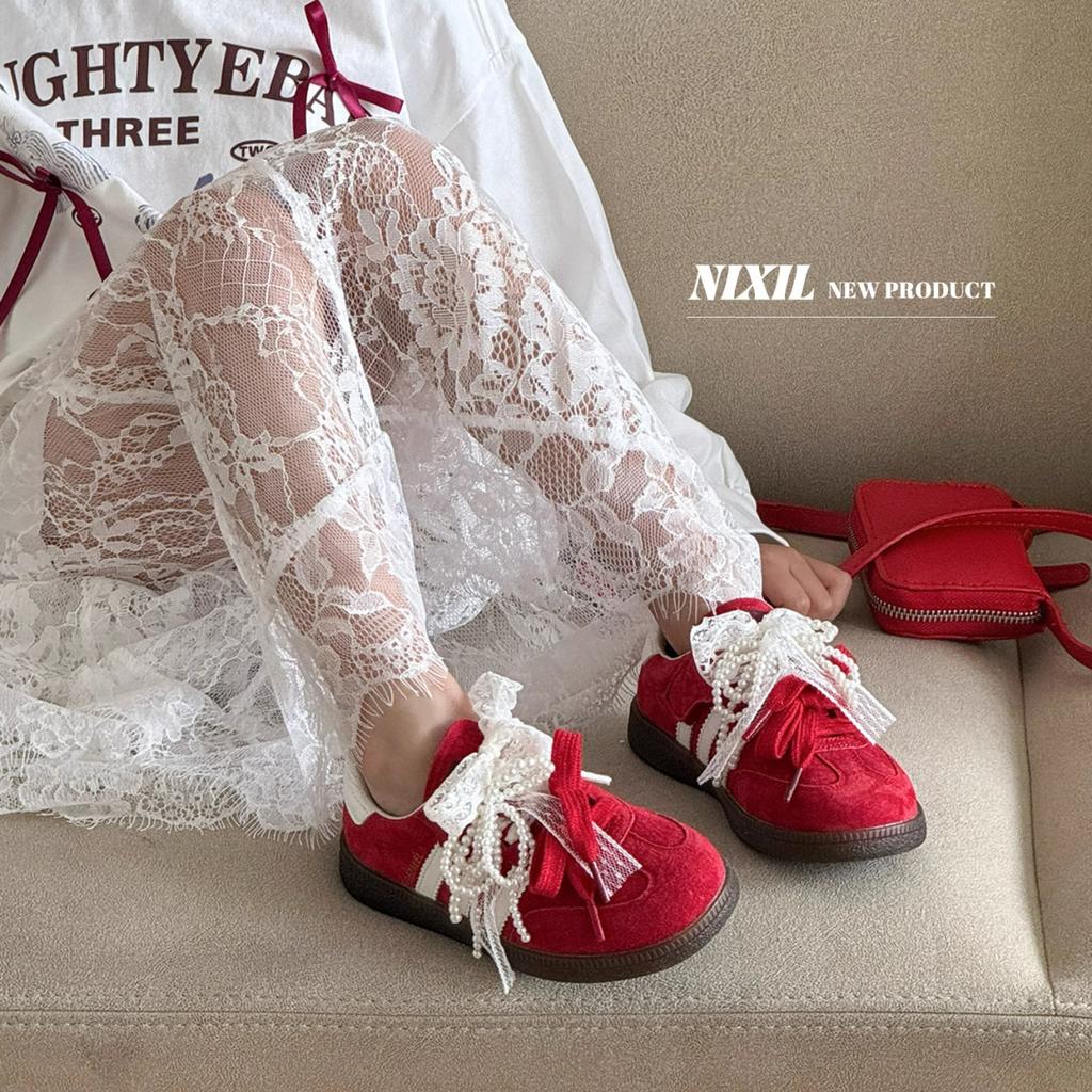 Korean Children's Casual Shoes Fashionable Retro Sports Shoes Lace Pearl Bow German Training Shoes