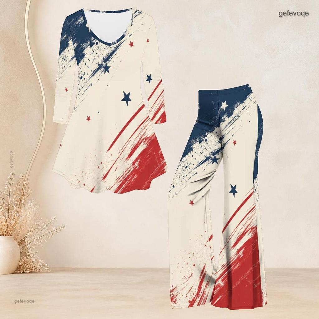 Women Plus Size Round Neck Three Quarter Sleeve Eagle Printed Flared Top Flared Pants Two Piece Set