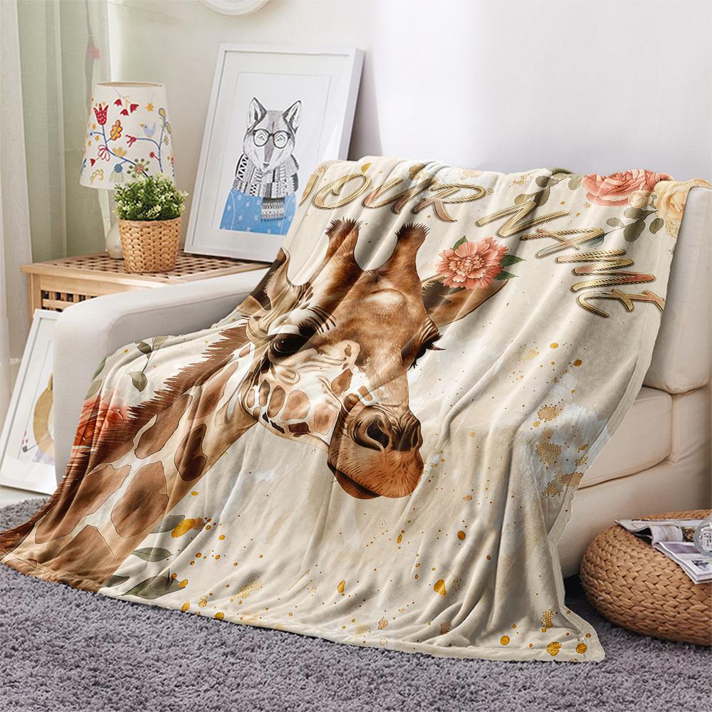 1PC Custom Name Giraffe Floral Name Art Patterned Flannel Blanket Suitable For All Seasons for Home Decor Warmth and Comfort Gifts Holiday Present_lx