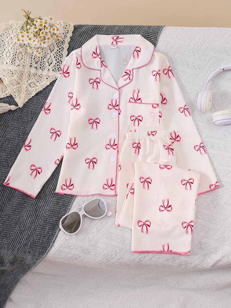 Girls Pajamas: Long Sleeve and Pants with Bow & Contrast Trim Size 100