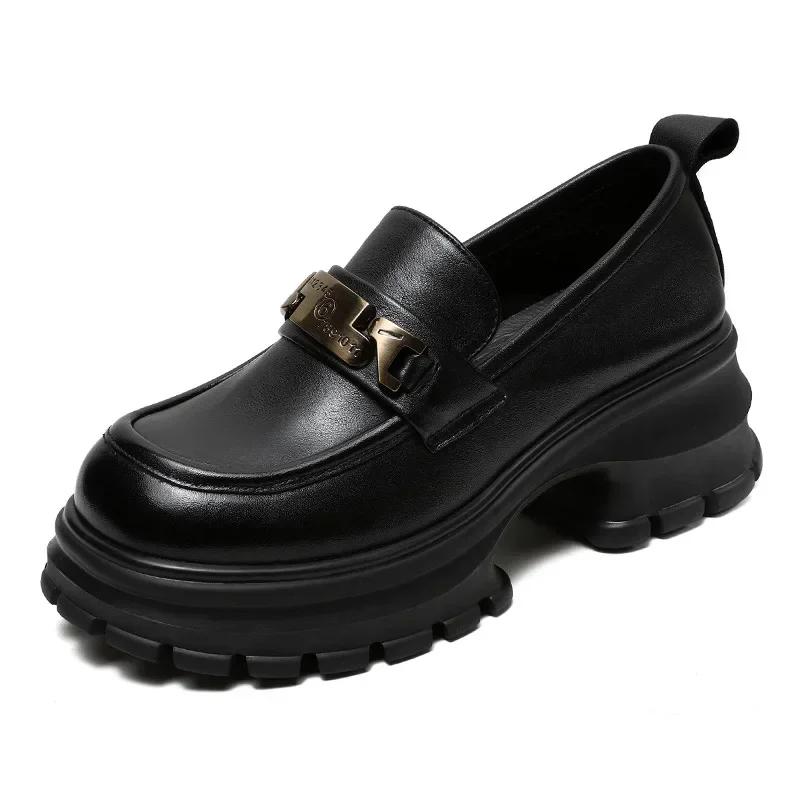 6CM Genuine Cow Leather Loafers Women 2024 Autumn New Design Pumps Round Toe Metal Thick High Heel Chunky Platform Shoes