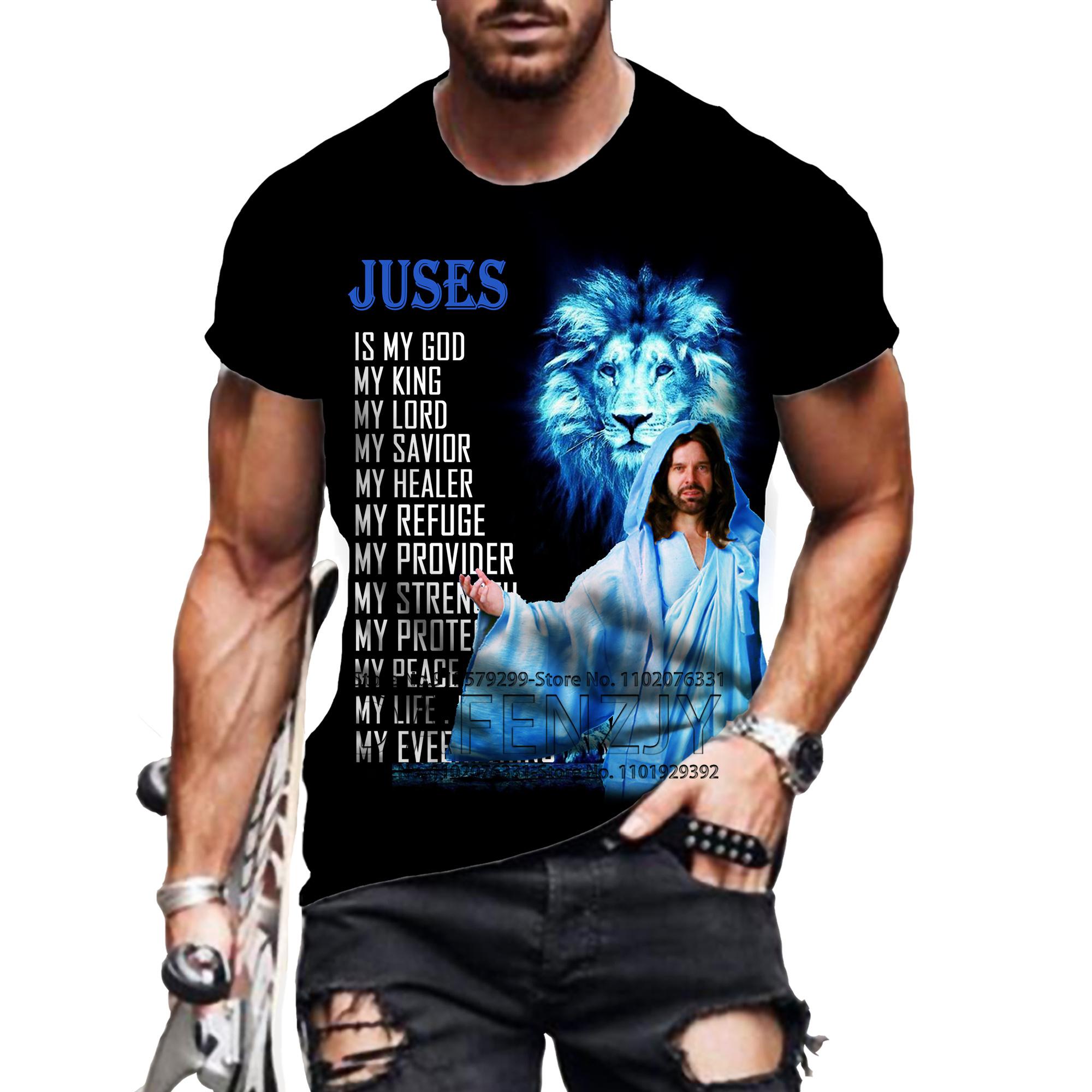 

Вінтаж Хіп-хоп Християнські футболки Готична футболка Хрест Ісуса Христа Футболки з 3D принтом Тварини Лев Короткий рукав Чоловічий одяг S синій
