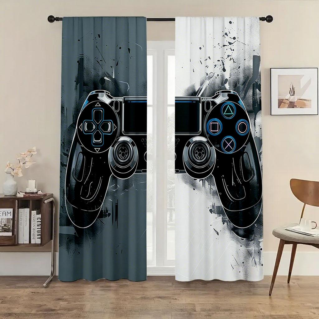 2PC Graffiti Gaming Controller Curtains - Black & White Abstract Print Window Drapes for Boys Bedroom Game Room Decor