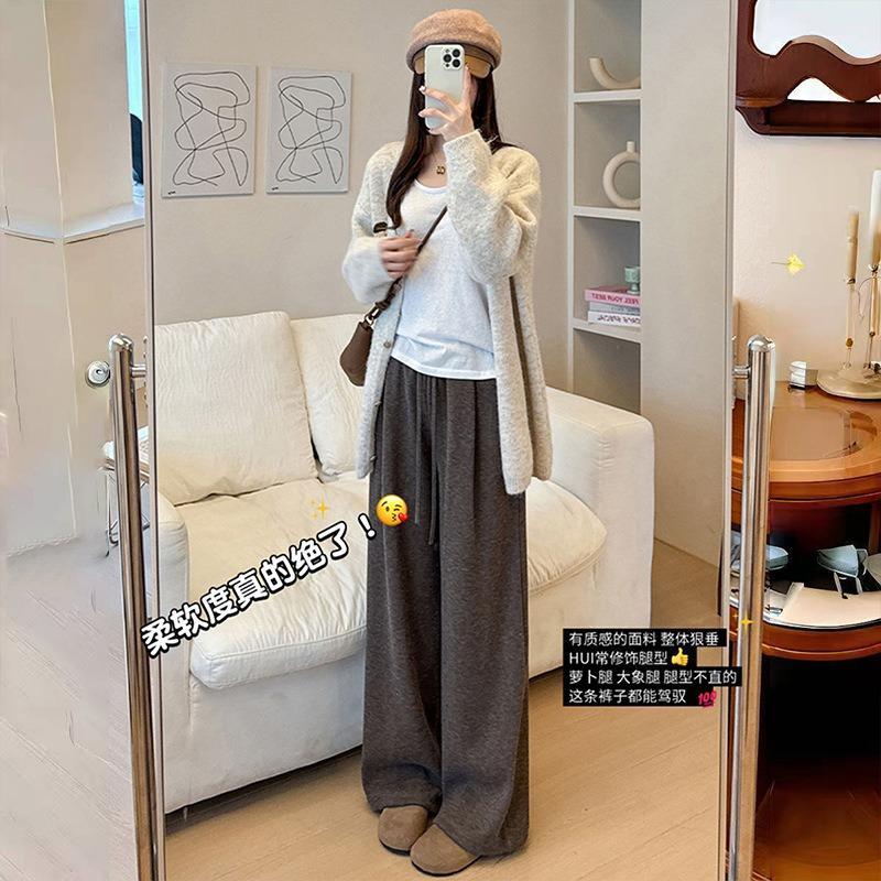Coffee lamb wool glutinous rice pants women's autumn and winter velvet 2026 new high-waisted casual small straight wide-leg pants