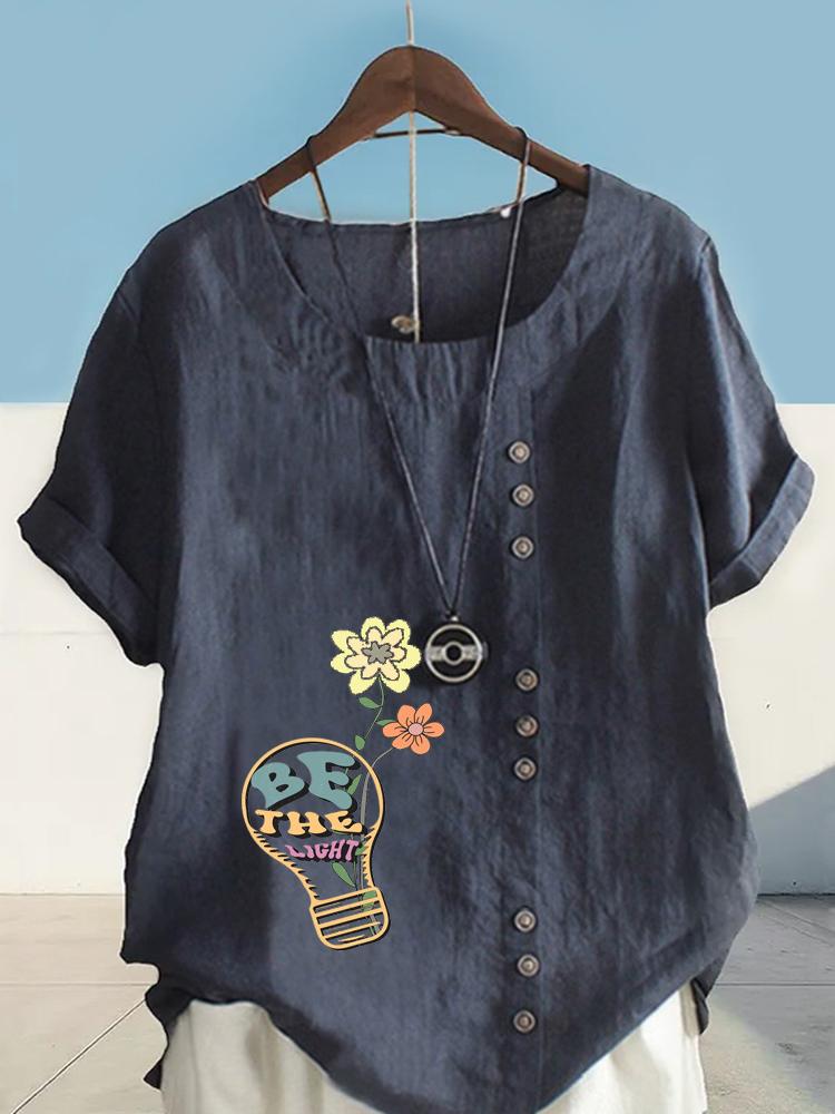 Women's Fashion Flower Print Round Neck Short Sleeve T-shirt Summer Casual Cotton Linen Graphic Shirt Leisure Loose Blouse Tops