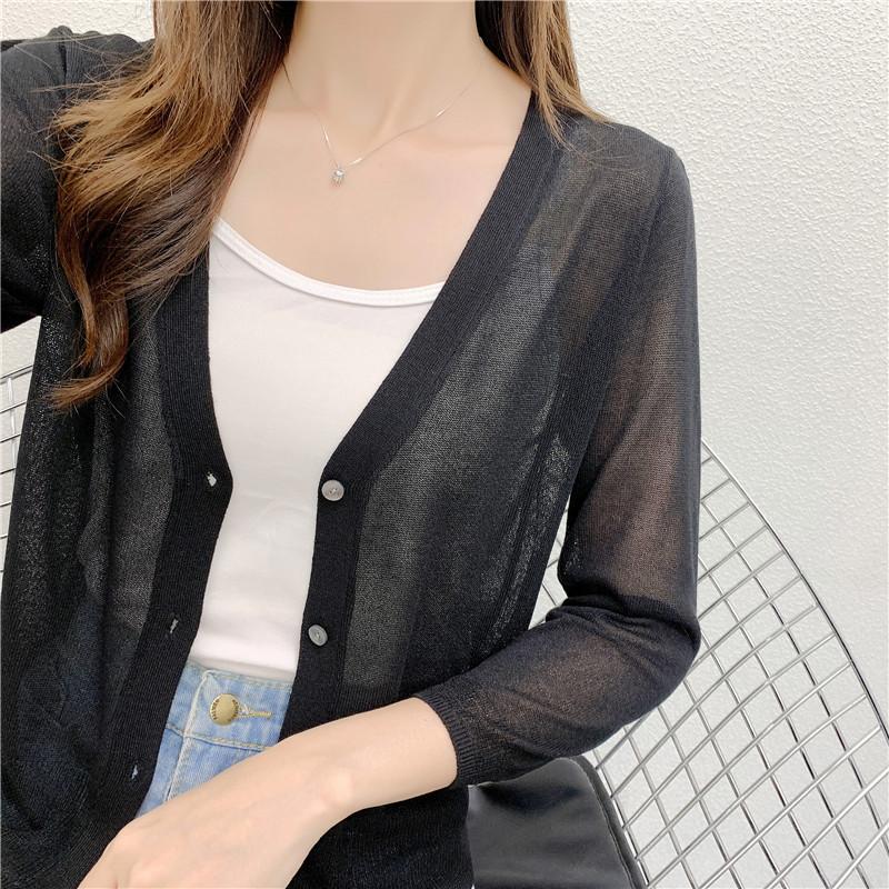 Letni Jedwabny Trójczwarty Rękaw Krótki Dzianinowy Sweterek Kardigan dla Kobiet, Bardzo Cienki Szal Okrycie Wierzchnie, Koszulka do Klimatyzacji, Kurtka Ochronna przed Słońcem,