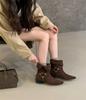 2025 autumn new French retro low heel square head two wear lapel western cowboy boots women's fashion belt buckle