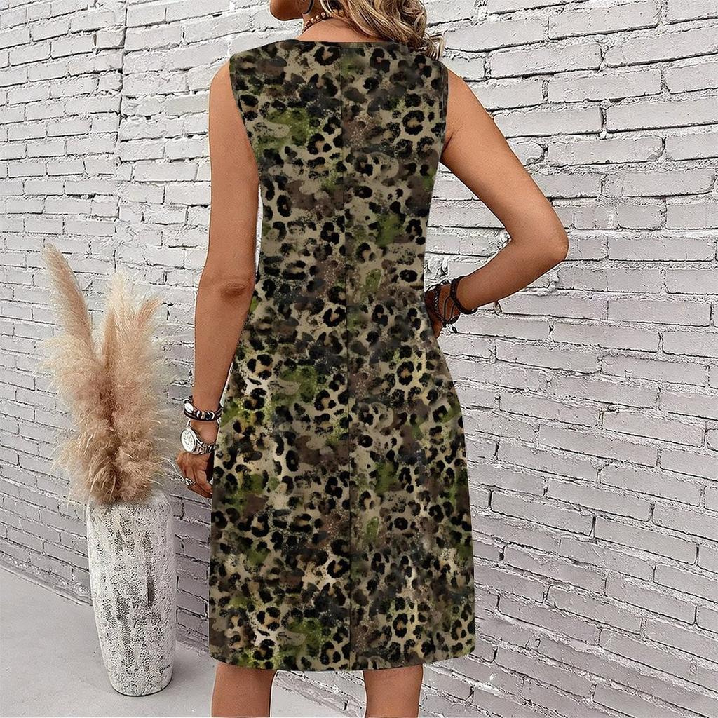 Plus Size V Neck Sleeveless Dress Zen Ink Bamboo Leaf Print For Tea House Leisure Time