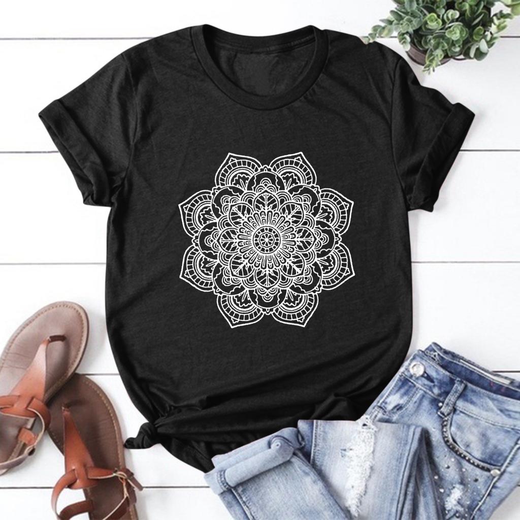 Women's Fashion Casual Round Neck Short Sleeve Flower Print T-Shirt Top