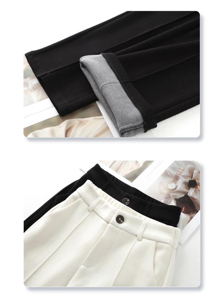 Beige Fleece-Lined Wide-Leg Woolen Pants for Women - New 2024 Autumn/Winter Collection