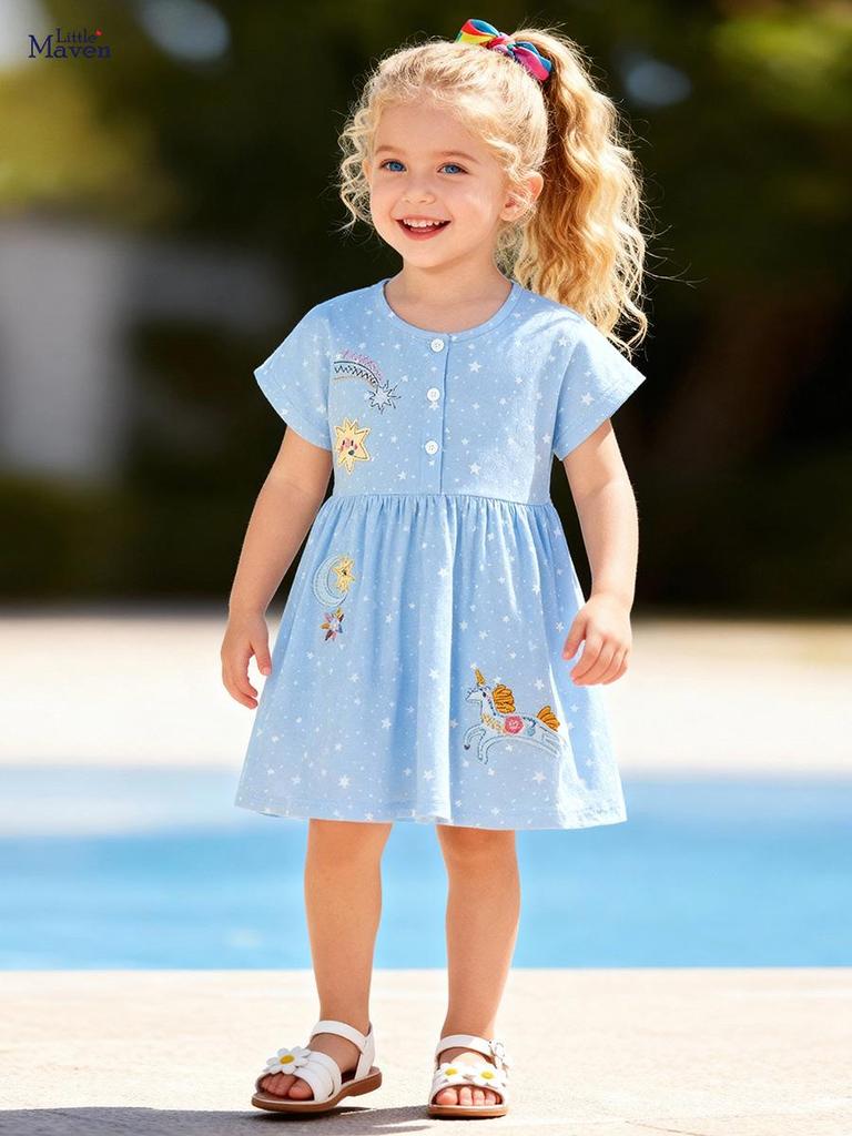 Robe d'été cartoon pour filles Little Maven - Jolie jupe à manches courtes style européen et américain