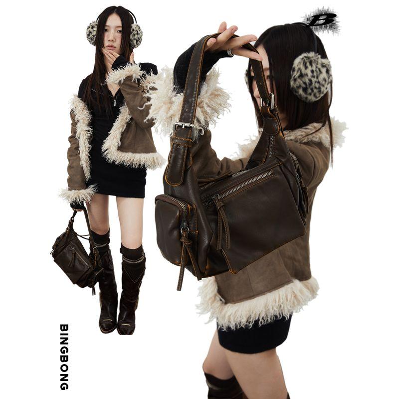 

Bingbong Handsome Motorcycle Sexy Distressed Small Square Bag Mocha Coffee Today