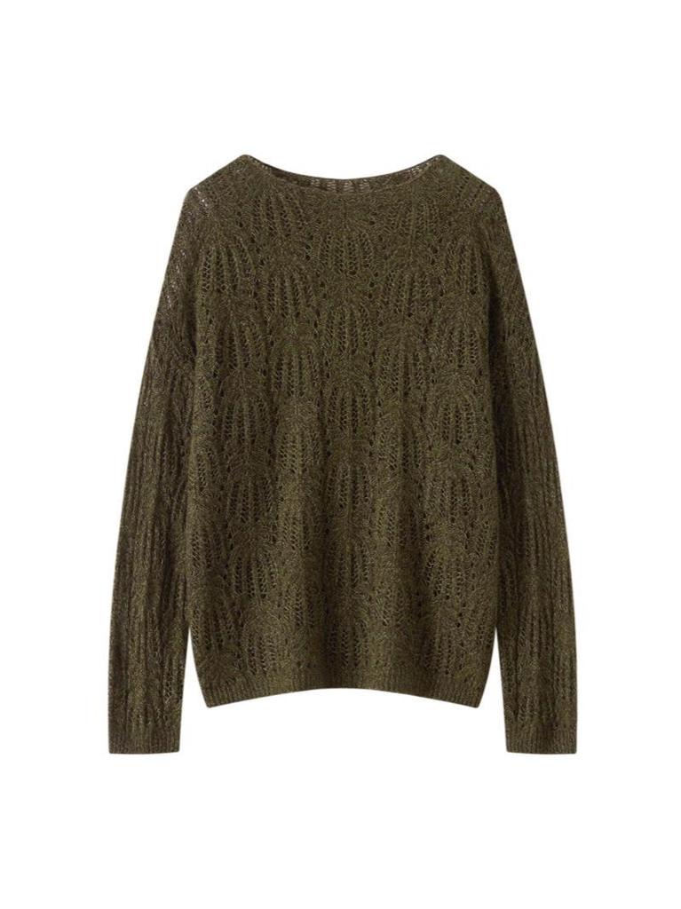 Korean Style Women's Cashmere Lyocell Round Neck Hollow Knit Sweater