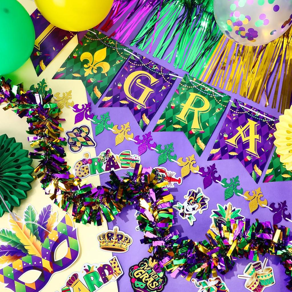 Mardi Gras Parade Float Decorations Kit Purple Green Gold Tinsel Garlands Fan Flag Mardi Gras Banner Balloons Paper Fans Streamers Masquerade Masks