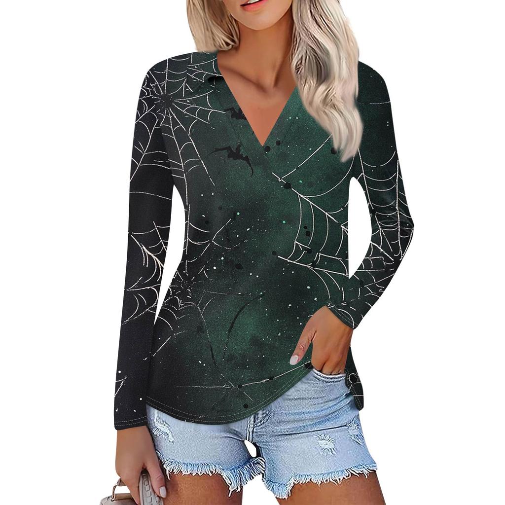 Women's Summer Fashion Casual  Printed V-Neck Long Sleeve Shirt Top