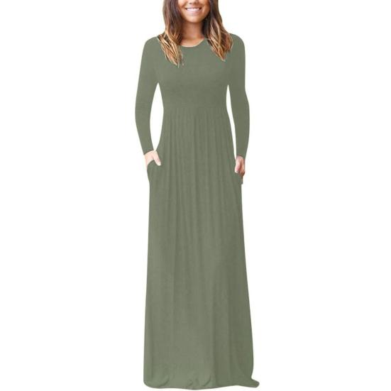 DouBCQ Women's Long Sleeve Pleated Dress With Pockets | Loose Swing Midi Dress, Army Green