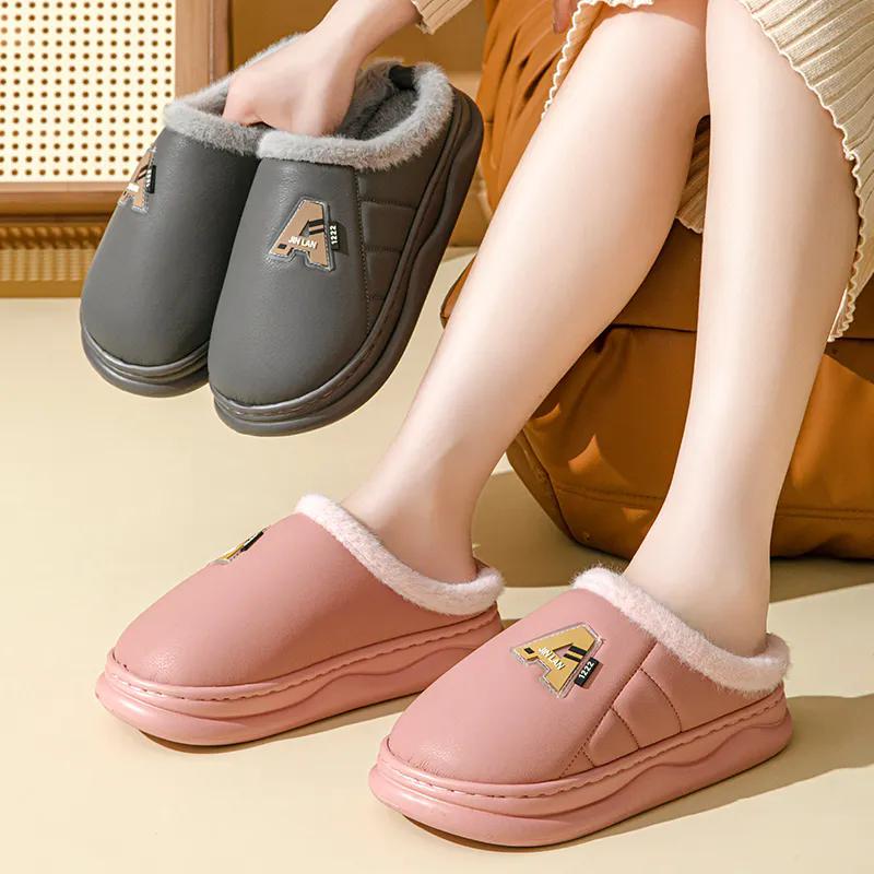 WTEMPO Couple PU Thick Flat Heel Warm Slippers Faux Leather Close-toe Autumn Winter Cotton Indoor Home Plush Slippers