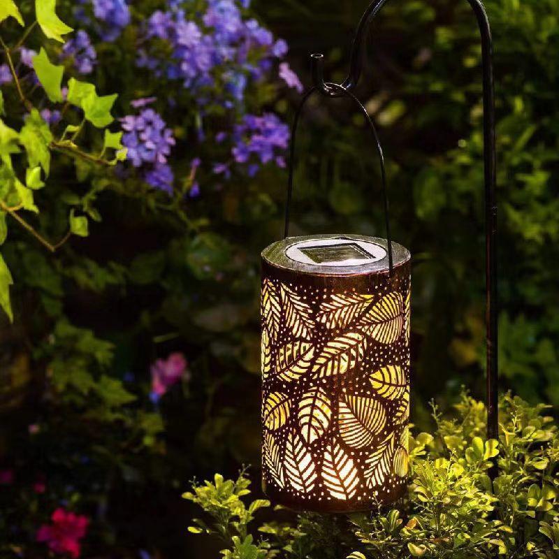 Solar Iron Lamp Outdoor Landscape Decoration Villa Balcony Garden Courtyard Hollow Leaf Projection Lantern Outdoor Iron Hanging Pastoral Lamp