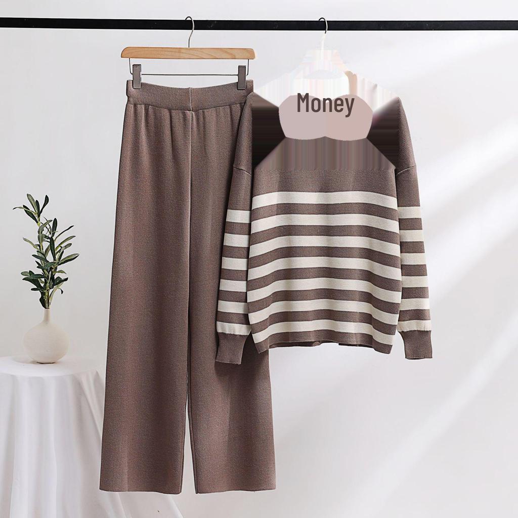 "2023 Women's Middle Eastern Striped Polo Collar Knitted Sweater and Loose Casual Fashion Two-piece Suit"