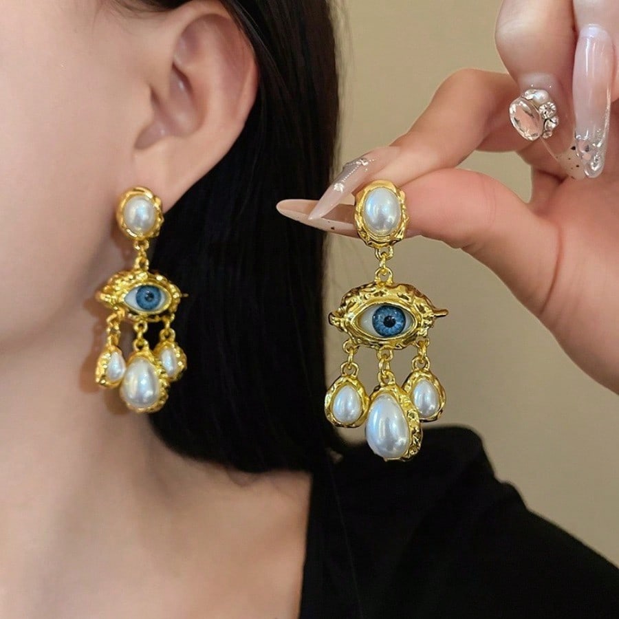 French-Style Long Earrings Featuring Imitation Pearls And Tassels, Paired With Large Eye And Teardrop-Shaped Pendants.