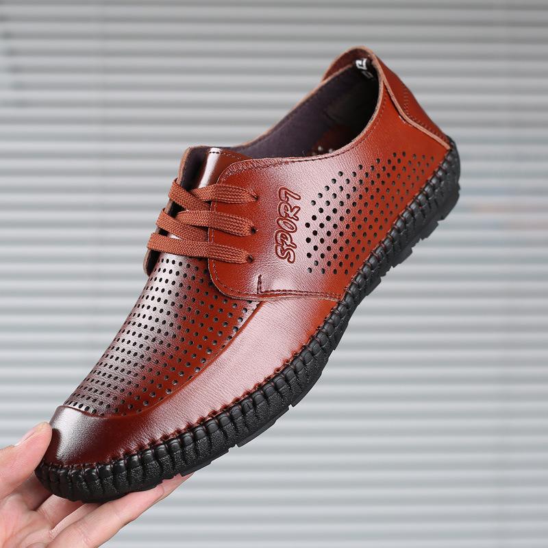 

Summer men s sandals leather breathable casual hole shoes hollow middle-aged man white dad soft sole soft surface men s shoes 43