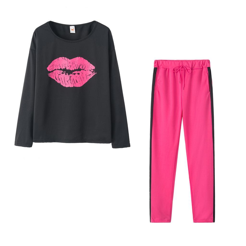 Letní dámský sexy top a kalhoty s potiskem rtů na rty ležérní dvoudílná sada