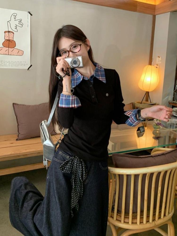 Harajuku Autumn Fake Two Pieces Shirt Women Polo Collar Elegant Long Sleeved Slim Tops Korea Chic Plaid Casual T-shirt Winter