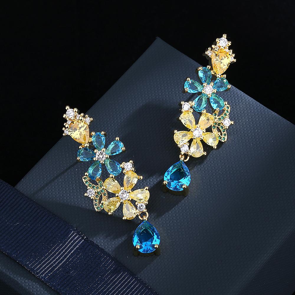Bohemian colorful zircon flower earrings  silver needle fashion heavy industry new personality earrings female