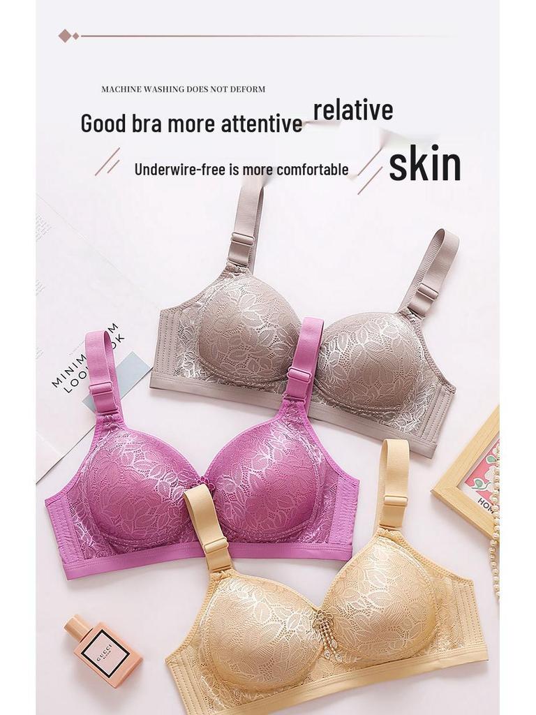 Popular Lace Underwire Bra for Plus Size Middle-Aged Women - Fixed Cup, Four-Row Hook-and-Eye, Thin Cotton Gathering Support.