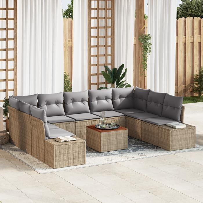 VidaXL Ensemble de Canapé de Jardin 10 Pièces avec Coussins Beige Poly Rattan Acacia 3348001