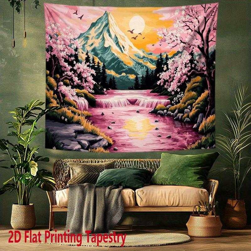 Cherry Blossoms and Sunset Digital printing polyester wall tapestry suitable for use in living rooms bedrooms offices bars party