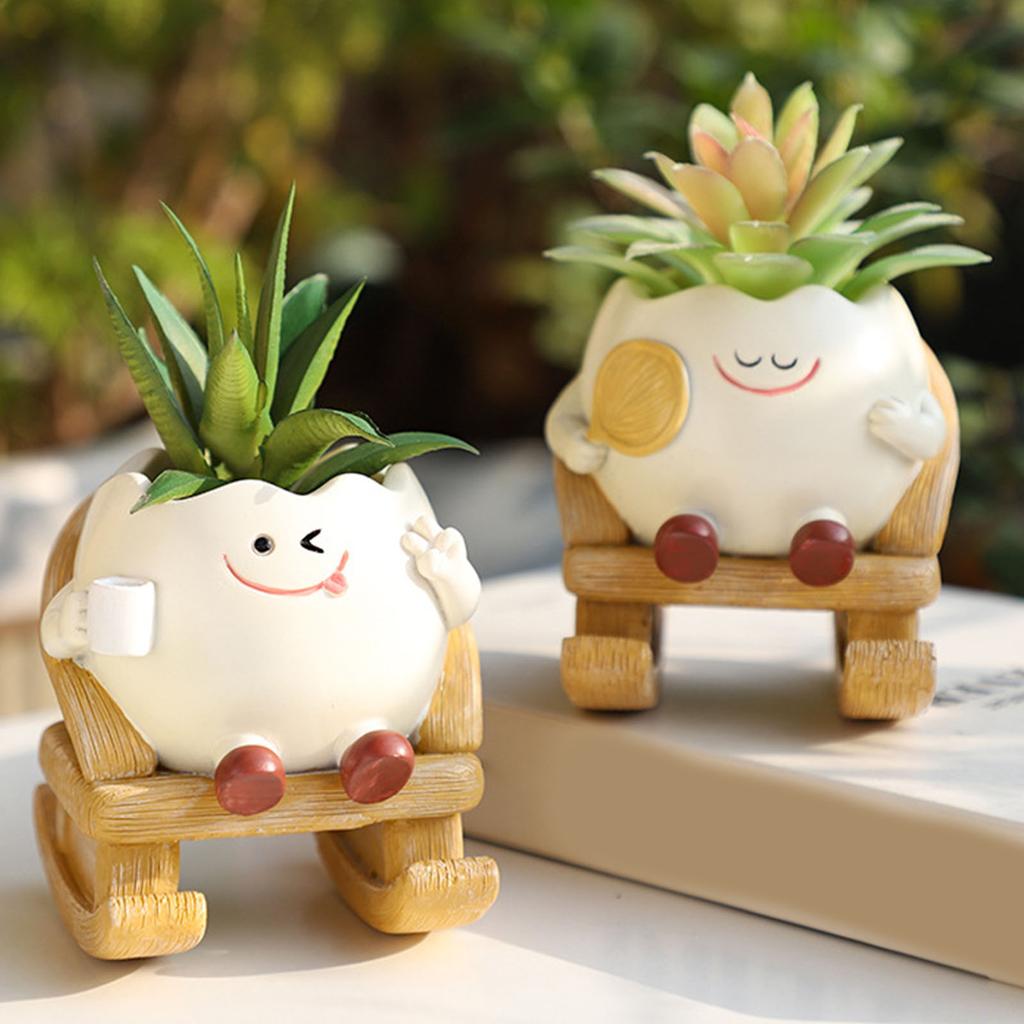 Cute Sit Rocking Chair Succulents Flower Pots with Drain Hole Smile Faces Planter Pot, Cartoon Resin Pot for Indoor