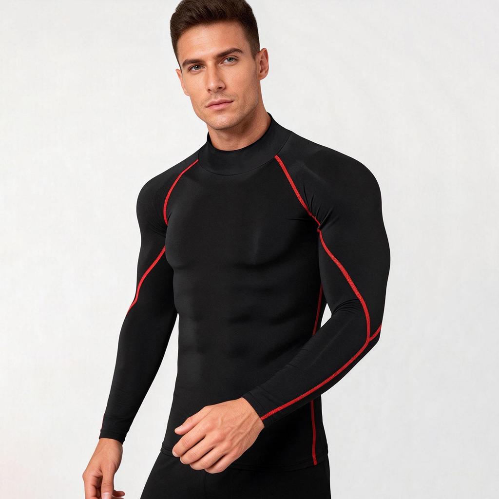 Men's Silk Grid High-Neck Performance T-Shirt - Elastic, Quick-Dry, Long-Sleeve for Autumn/Winter Running.
