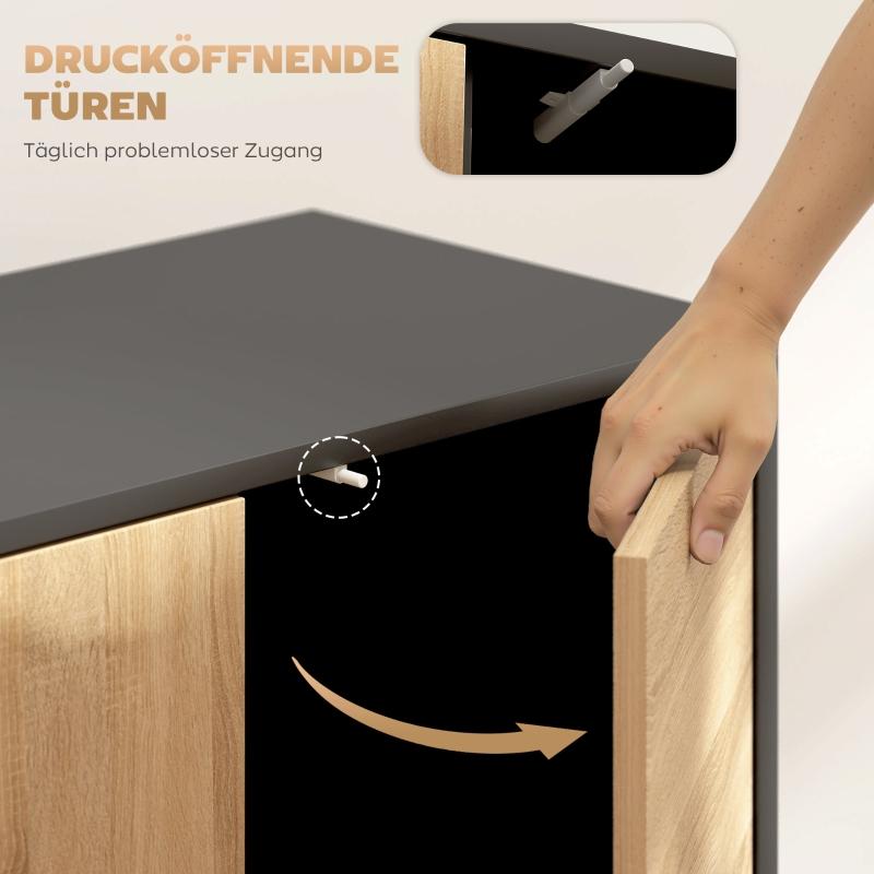 Sideboard with Push-to-open Doors. Dining Room Cabinet with Metal Legs. Kitchen Cabinet. MDF. Black + Natural Wood