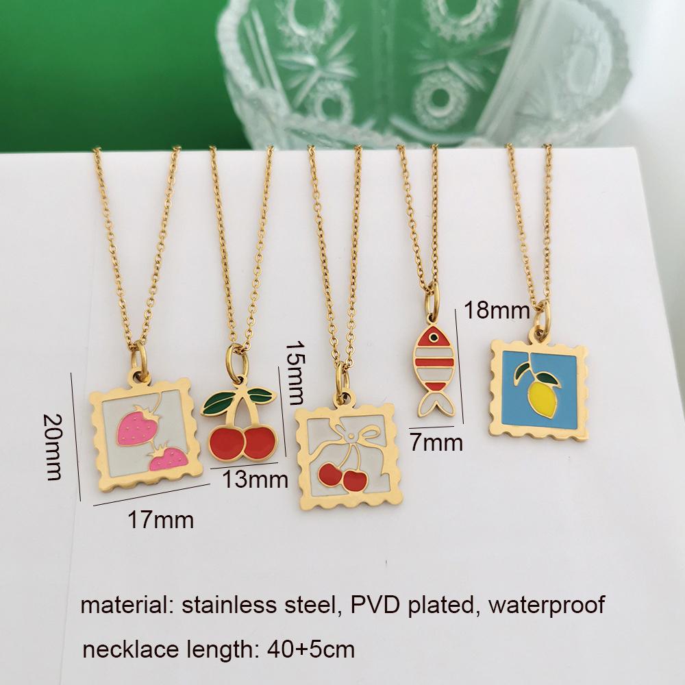 QMHJE Pendant Necklace Women Stainless Steel Strawberry Cherry Fish Lemon Slim Chain Choker Gold Waterproof