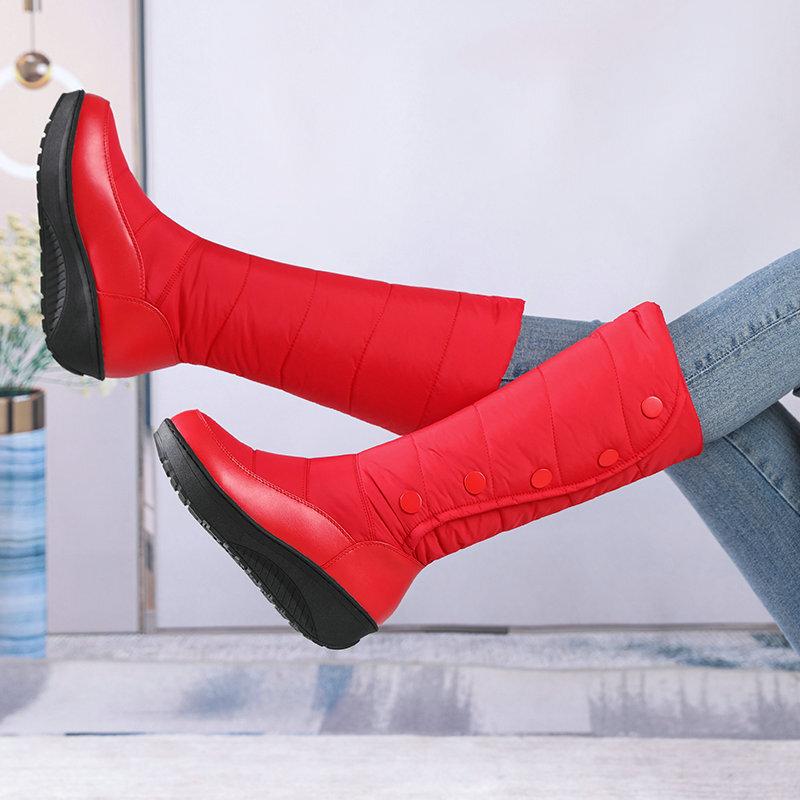 Knee down snow boots autumn and winter high tube warm cotton shoes button decoration  medium and long boots large size  shoes