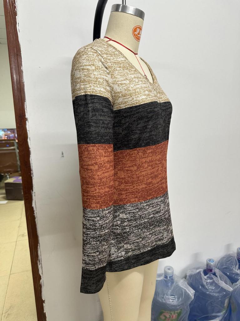 2024 Autumn/Winter Women’s Casual V-neck Color Block Patchwork Long Sleeve Oversized Harajuku Top