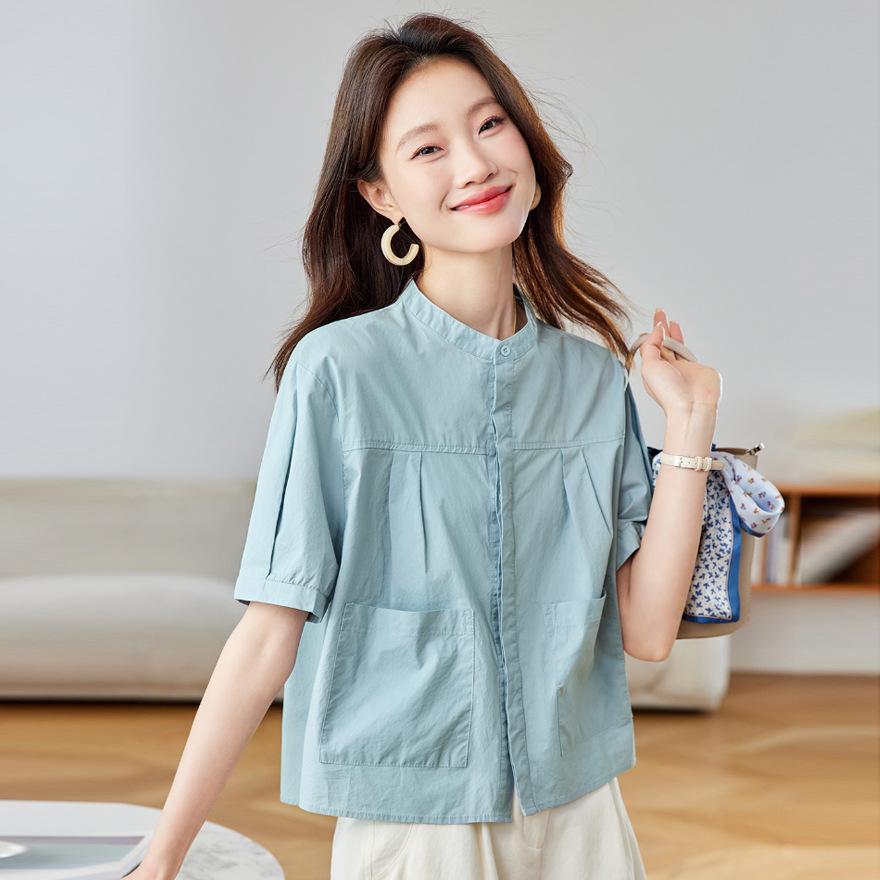 

Женская футболка с коротким рукавом из чистого хлопка, новая рубашка со стойкой, кардиган, темпераментная, маленького и большого размера, короткий топ XL синий