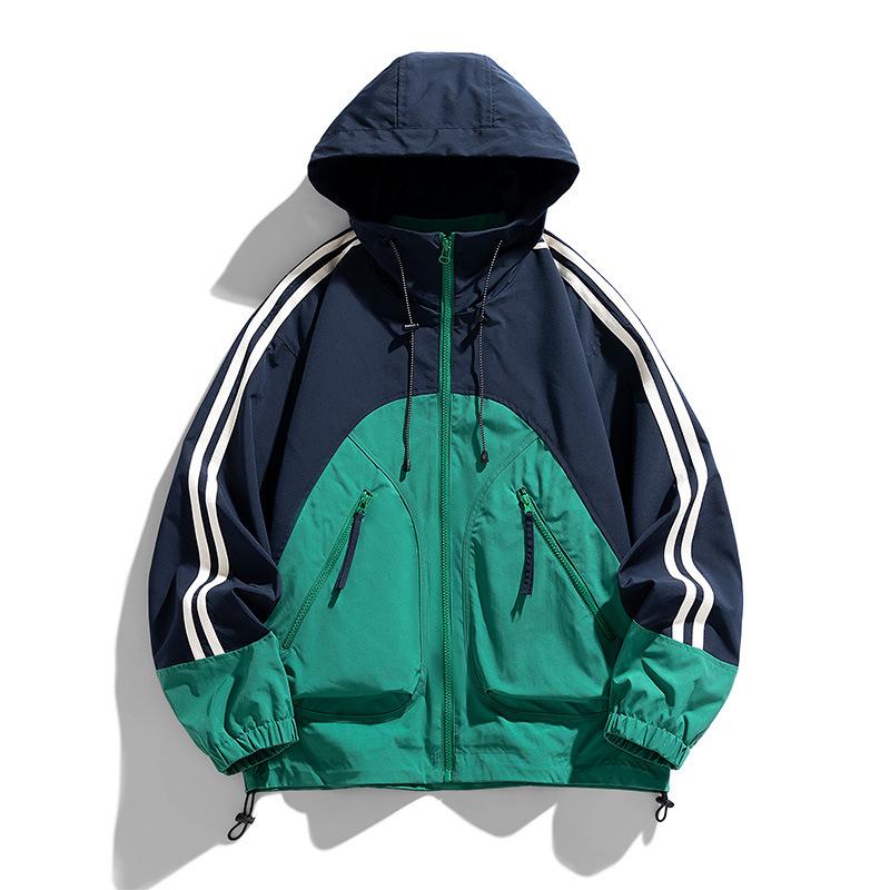 

Новая уличная куртка с капюшоном, мужская повседневная парная куртка на молнии в университетском стиле, свободная, с цветовой блокировкой, спортивная куртка M бирюзовый зеленый