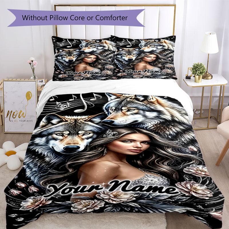 3-teiliges Bettwäsche-Set mit individuellem Namen und Wolfsgeist-Verbindung, bedrucktes Bettwäsche-Set, Bettbezug mit Verschluss, enthält 1 Bettbezug & 2 Kissenbezüge für alle Jahreszeiten Bett